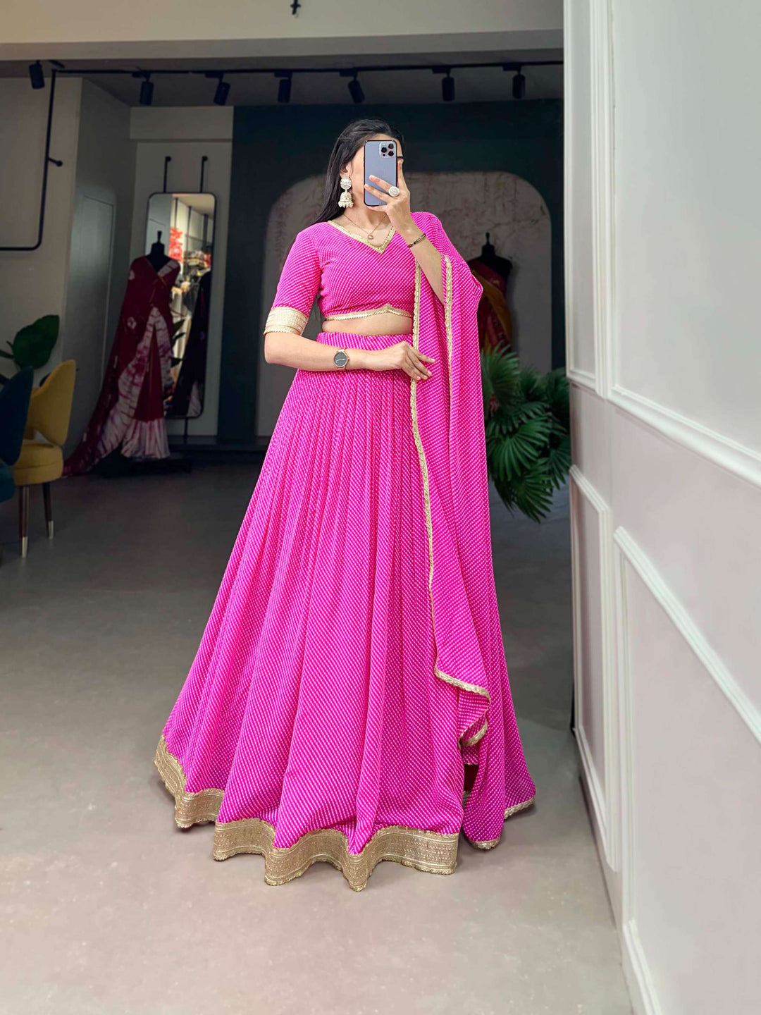 Hot Pink Dot Print Georgette Lehenga Choli - PAHRAVA