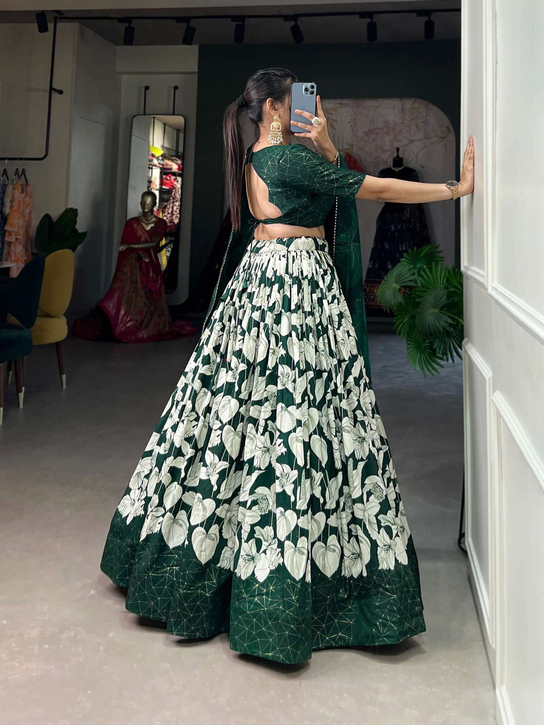 Peacock Green Tussar Silk Printed Lehenga Choli for Festive Glamour - PAHRAVA