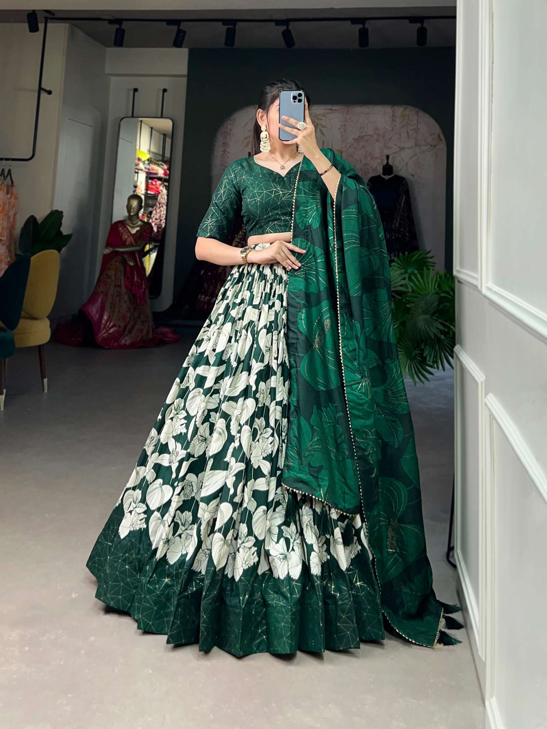 Peacock Green Tussar Silk Printed Lehenga Choli for Festive Glamour - PAHRAVA