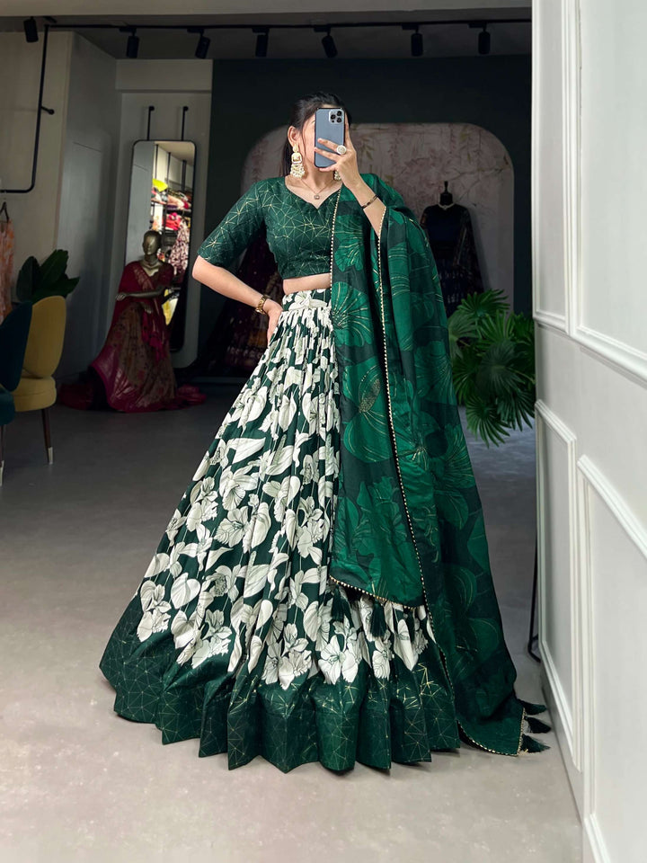 Peacock Green Tussar Silk Printed Lehenga Choli for Festive Glamour - PAHRAVA