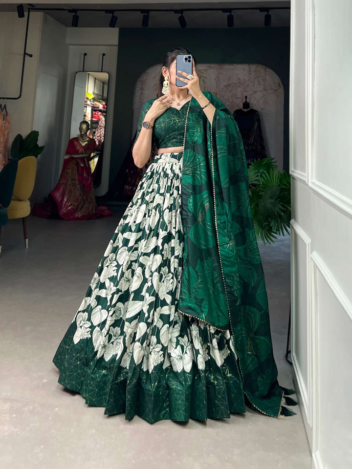 Peacock Green Tussar Silk Printed Lehenga Choli for Festive Glamour - PAHRAVA