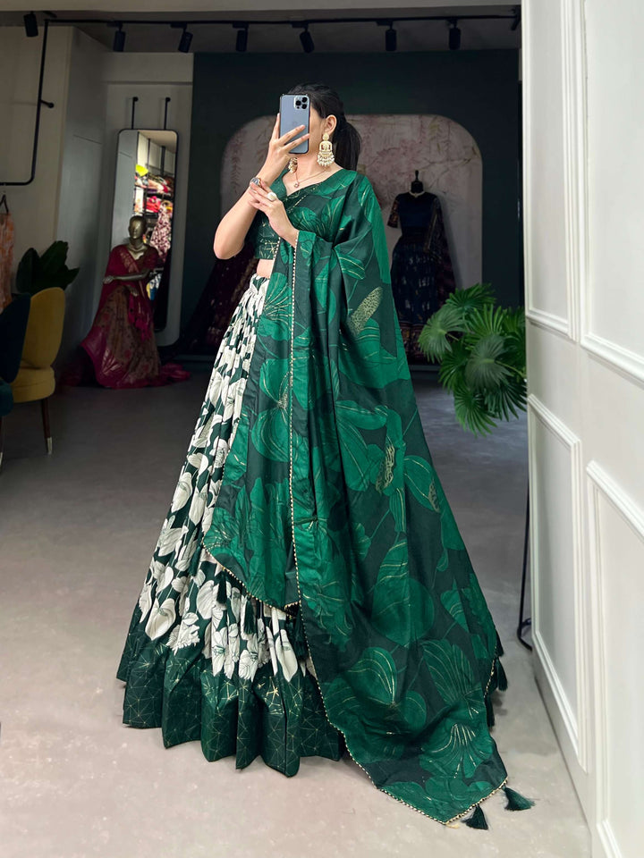 Peacock Green Tussar Silk Printed Lehenga Choli for Festive Glamour - PAHRAVA