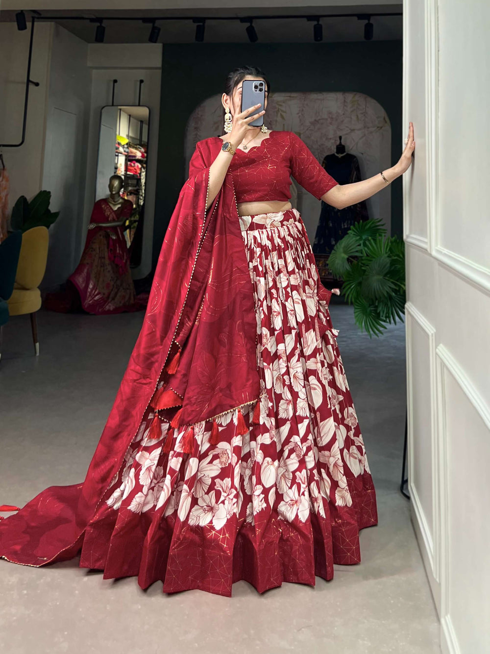 Soft Red Tussar Silk Printed Lehenga Choli for Festive Glamour - PAHRAVA