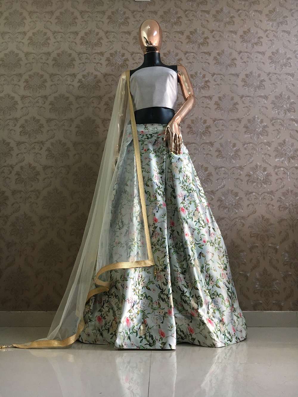 Light Blue Printed Zari Satin Lehenga Set - PAHRAVA