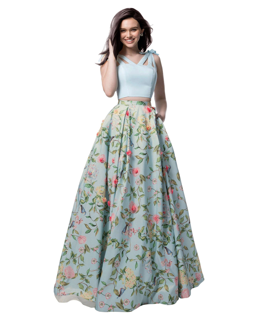 Light Blue Printed Zari Satin Lehenga Set - PAHRAVA