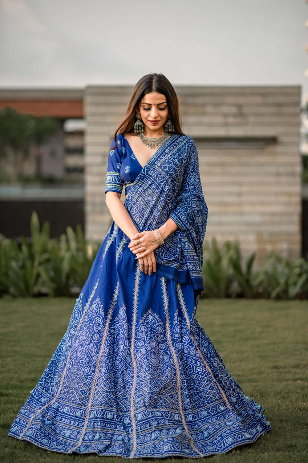 Navy Blue Bandhani Printed Lehenga Set - PAHRAVA