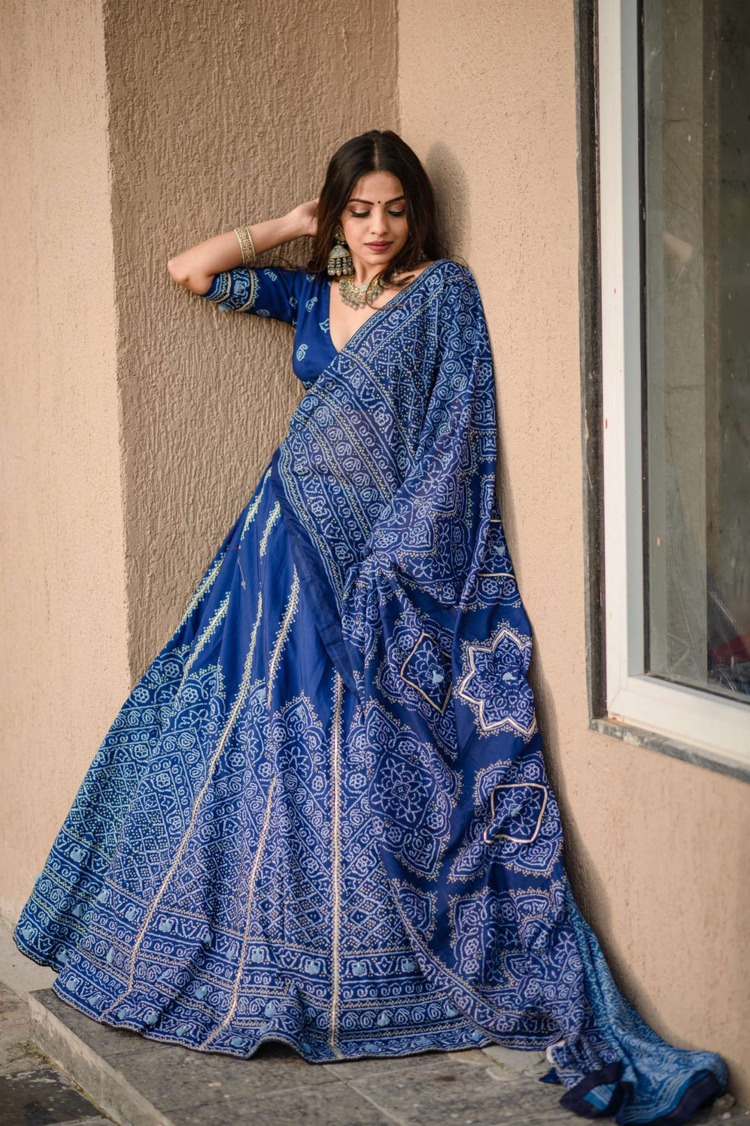 Navy Blue Bandhani Printed Lehenga Set - PAHRAVA