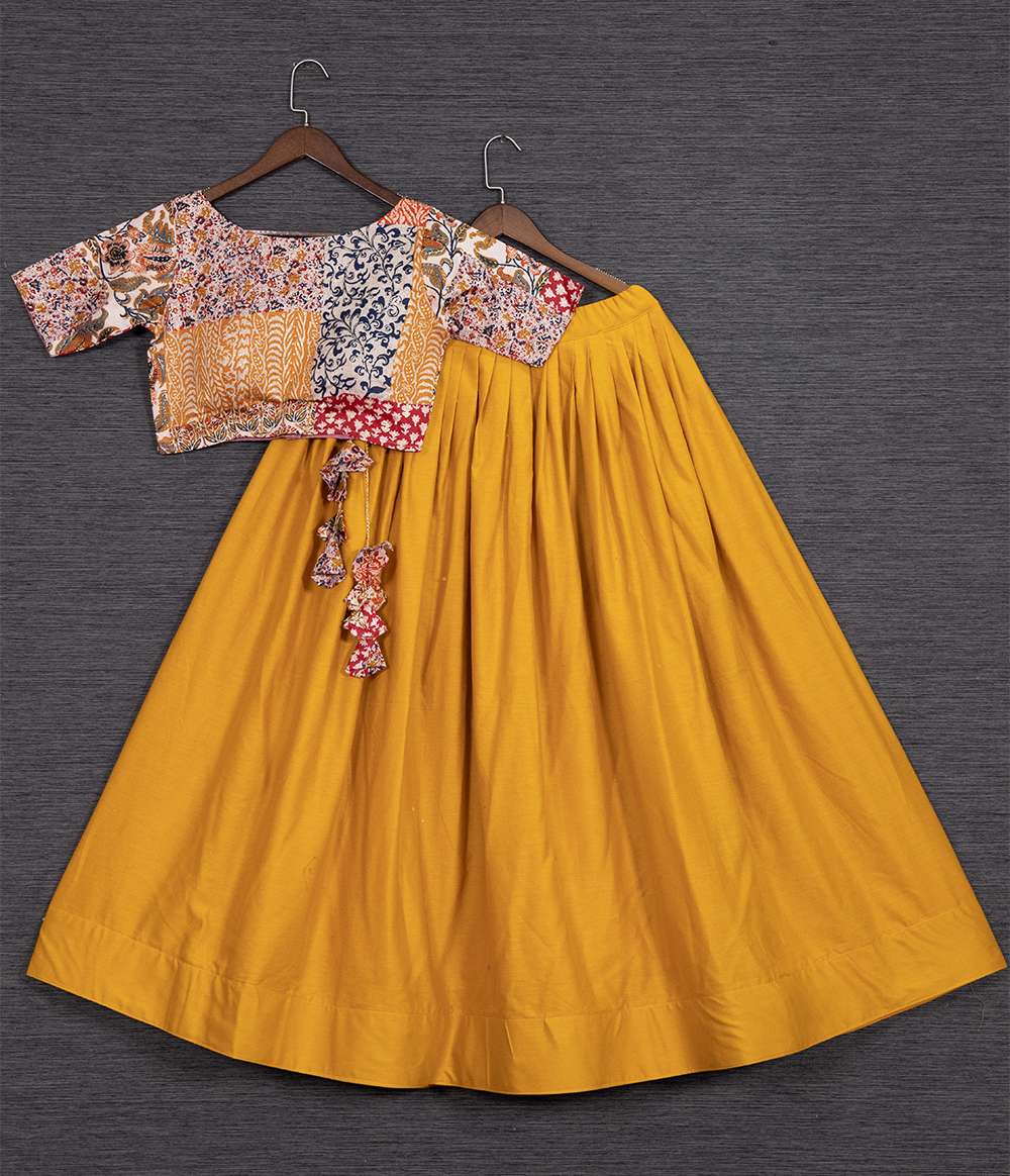 Mustard Yellow Dramatic Pure Cotton Lehenga Choli - PAHRAVA