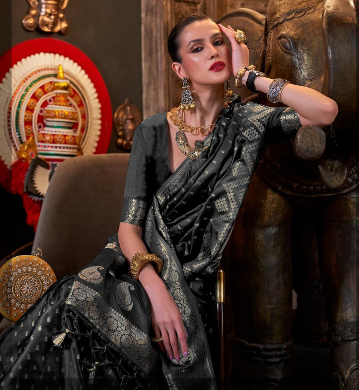 Jet Black Pure Satin Handloom Weaving Saree - PAHRAVA