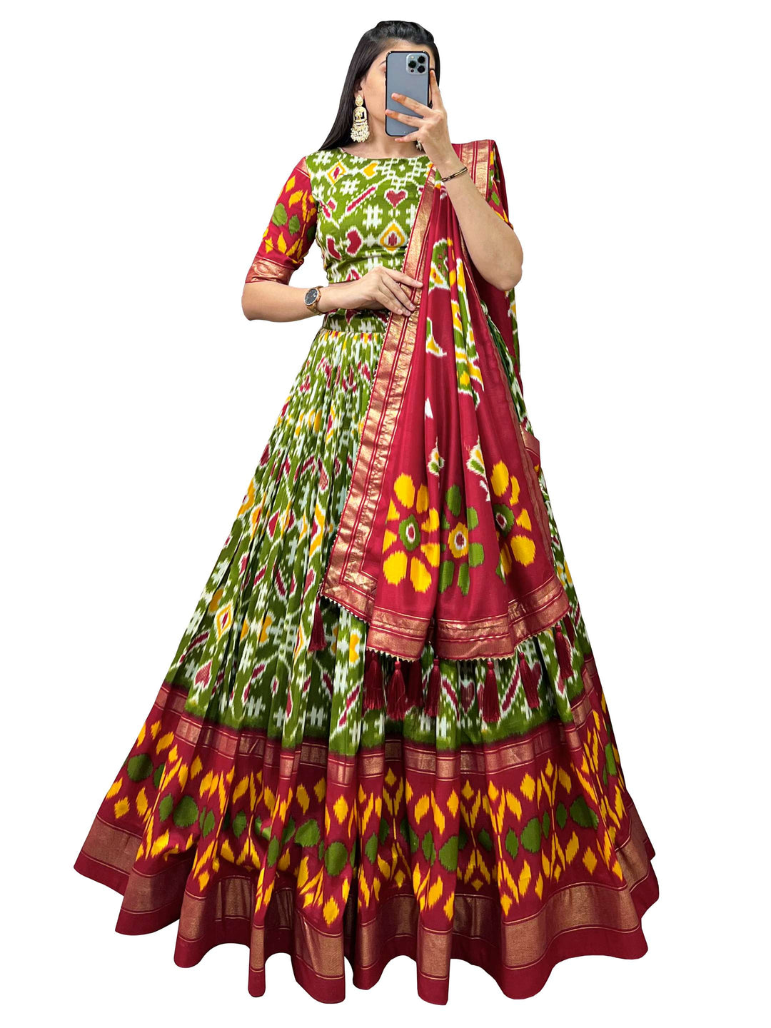 Mehndi Green Patola Print Tussar Silk Lehenga Set - PAHRAVA