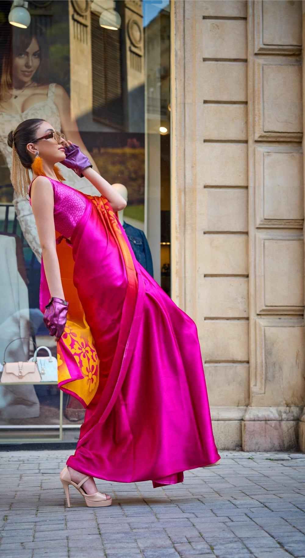 Pink And Yellow Printed Satin Crepe Saree - PAHRAVA