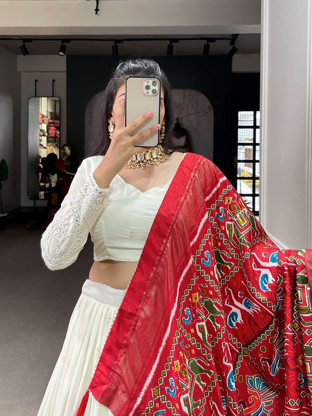 White with Red Dupatta Lucknowi Mirror Work Lehenga Set - PAHRAVA