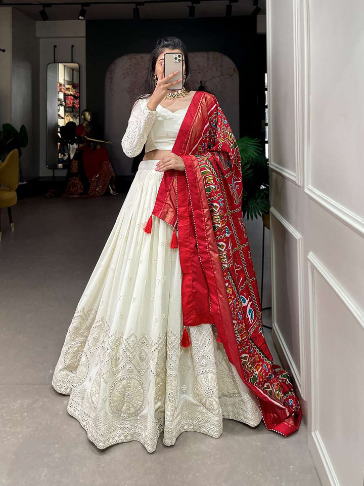 White with Red Dupatta Lucknowi Mirror Work Lehenga Set - PAHRAVA