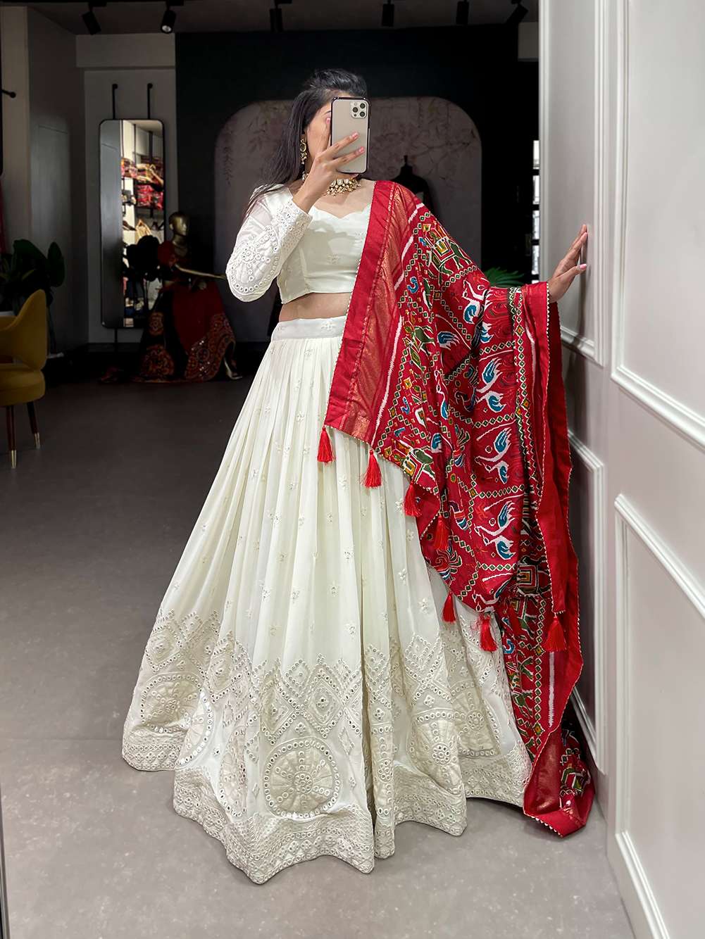 White with Red Dupatta Lucknowi Mirror Work Lehenga Set - PAHRAVA