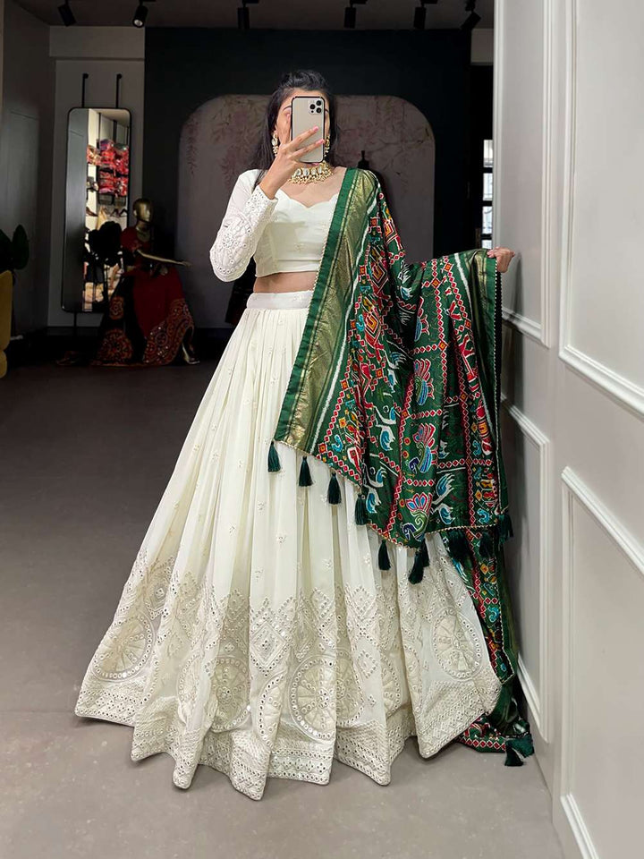 White with Green Dupatta Lucknowi Mirror Work Lehenga Set - PAHRAVA