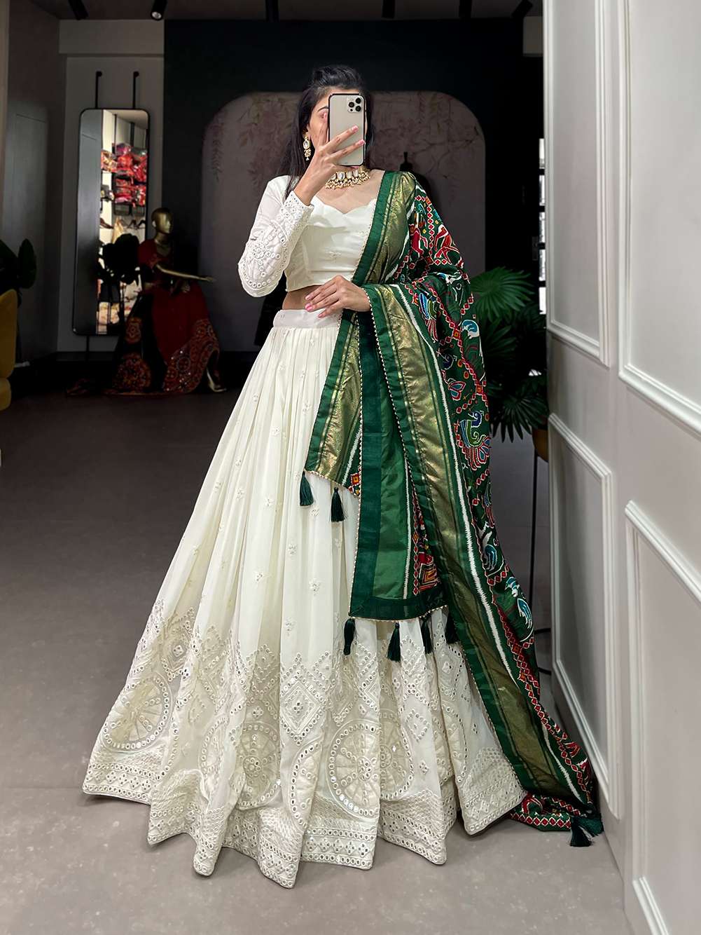 White with Green Dupatta Lucknowi Mirror Work Lehenga Set - PAHRAVA