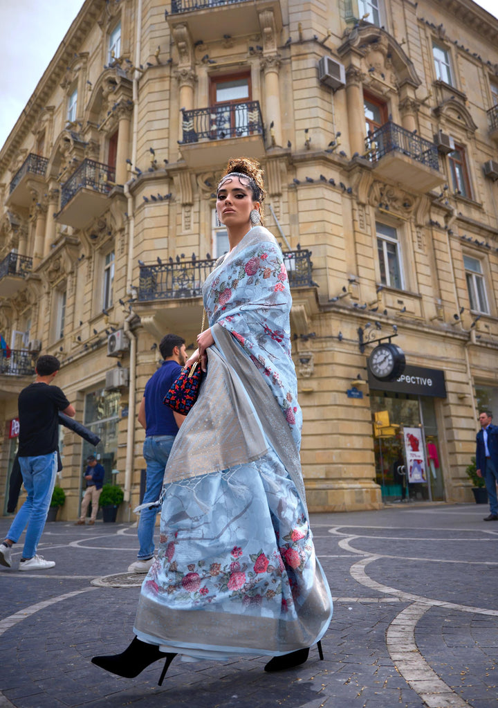 Sky Blue Printed Poly Brasso Handloom Weaving Saree - PAHRAVA