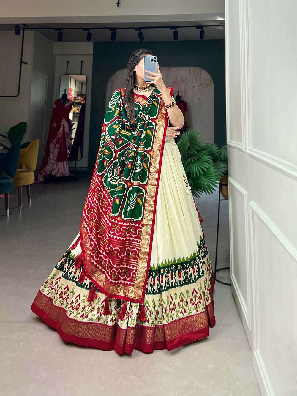 Peacock Green Printed Tussar Silk Lehenga Choli - PAHRAVA