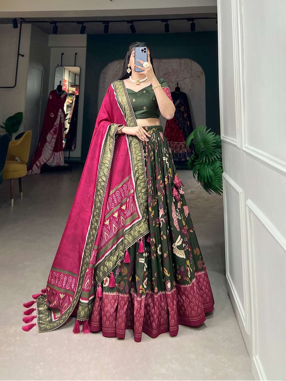 Traditional Green Dola Silk Printed Lehenga Choli - PAHRAVA