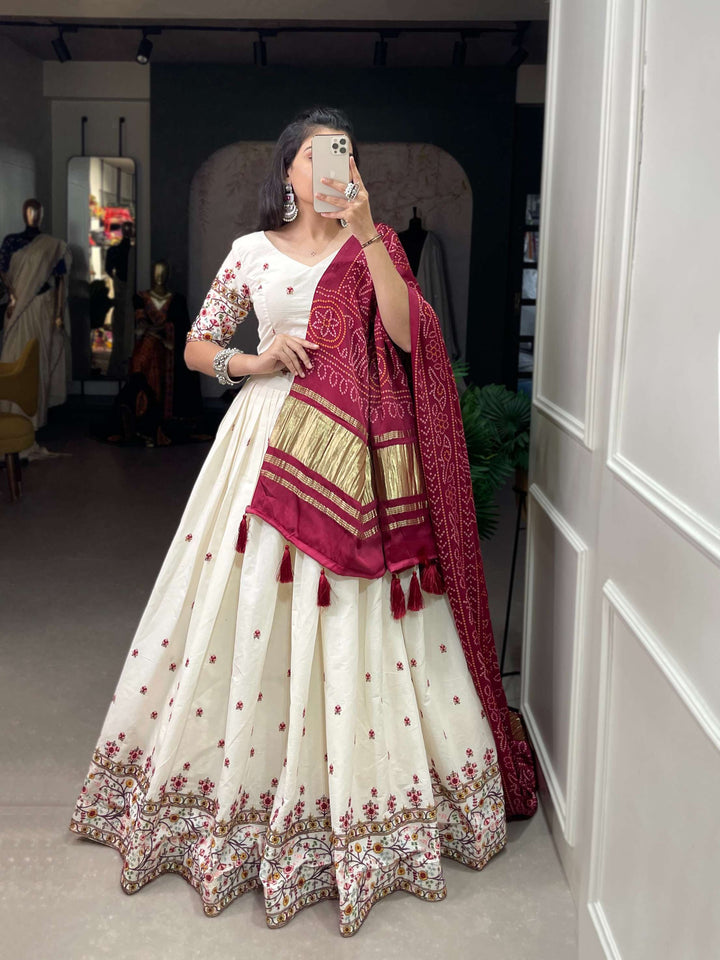 Red Dupatta With Off White Khadi Cotton Lehenga Set - PAHRAVA