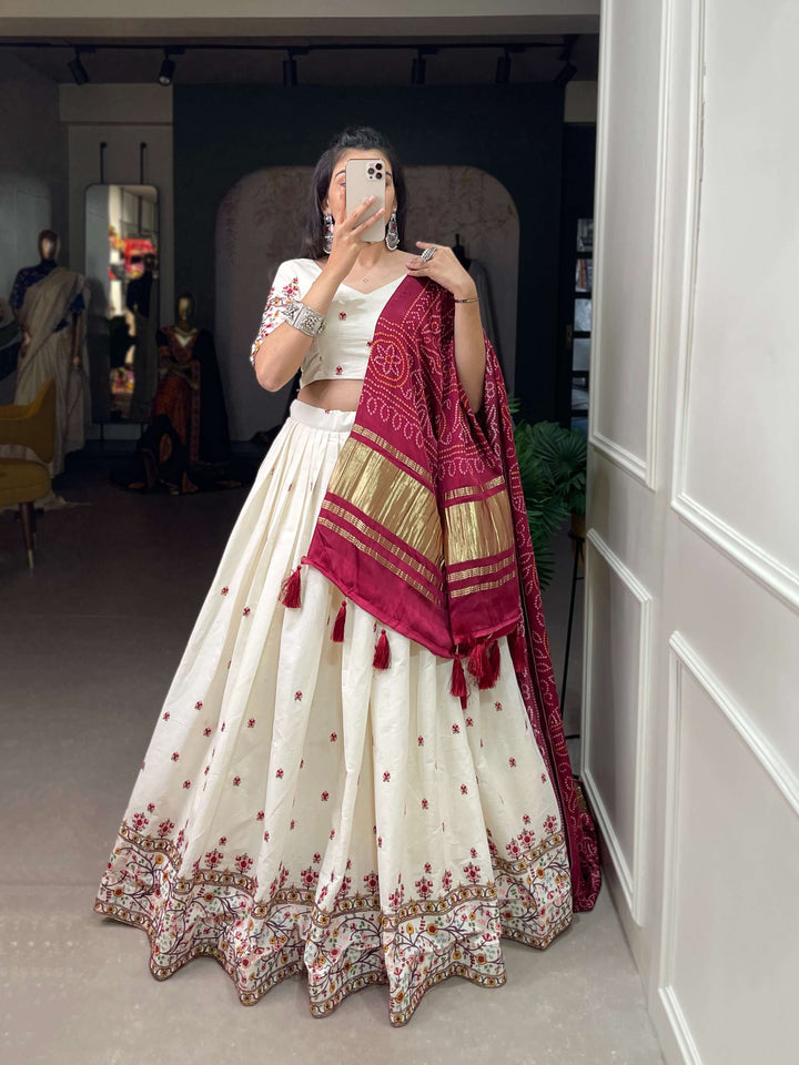 Red Dupatta With Off White Khadi Cotton Lehenga Set - PAHRAVA