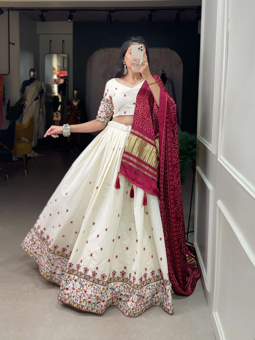 Red Dupatta With Off White Khadi Cotton Lehenga Set - PAHRAVA