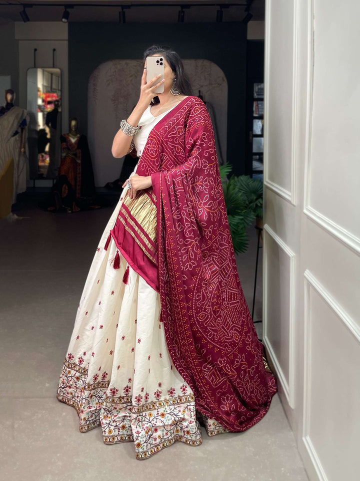 Red Dupatta With Off White Khadi Cotton Lehenga Set - PAHRAVA