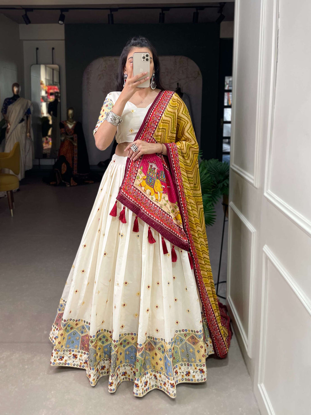 Yellow Dupatta With Off White Khadi Cotton Lehenga Set - PAHRAVA