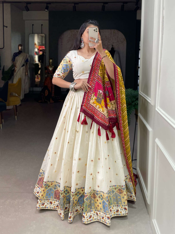 Yellow Dupatta With Off White Khadi Cotton Lehenga Set - PAHRAVA