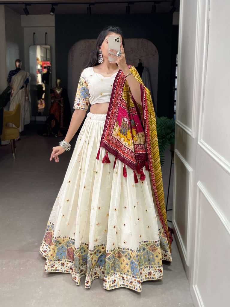 Yellow Dupatta With Off White Khadi Cotton Lehenga Set - PAHRAVA