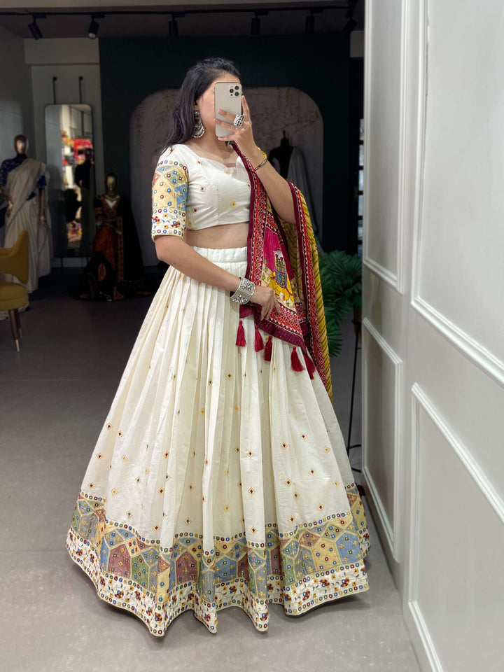 Yellow Dupatta With Off White Khadi Cotton Lehenga Set - PAHRAVA