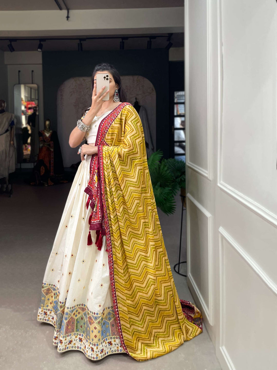 Yellow Dupatta With Off White Khadi Cotton Lehenga Set - PAHRAVA