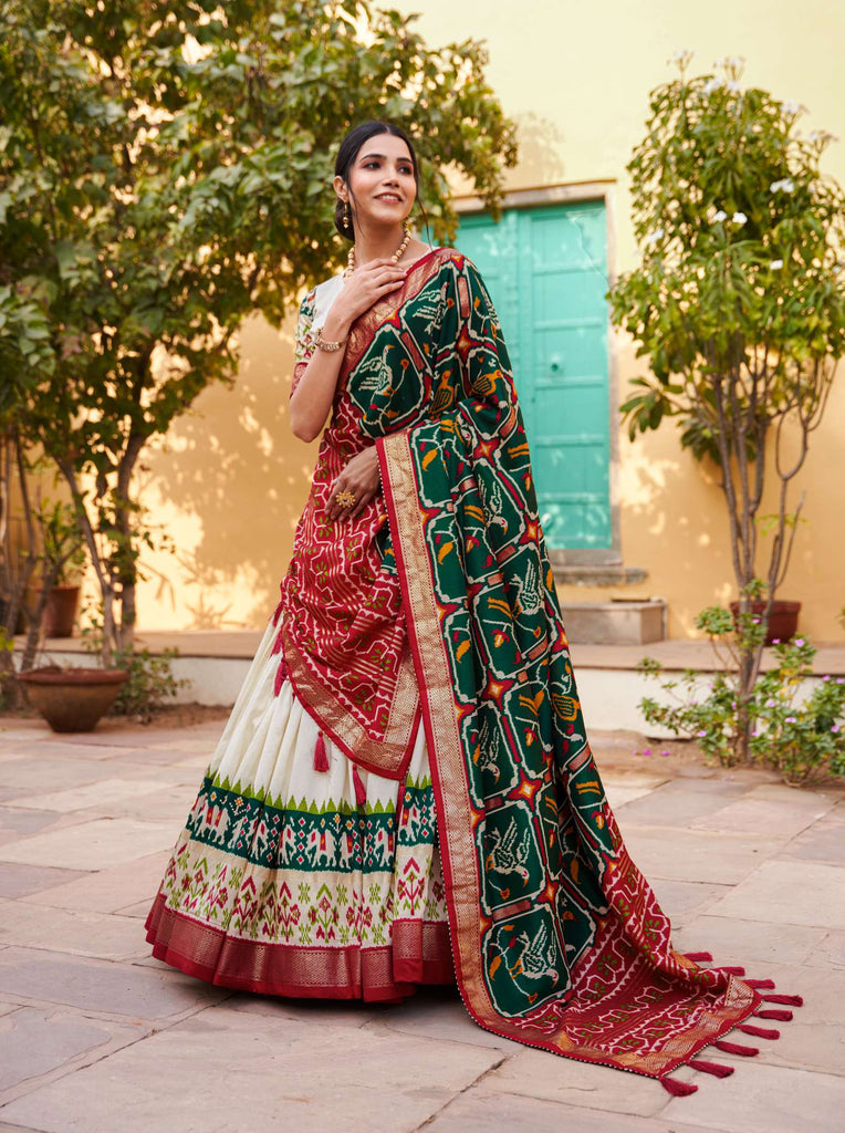 Peacock Green Printed Tussar Silk Lehenga Choli - PAHRAVA