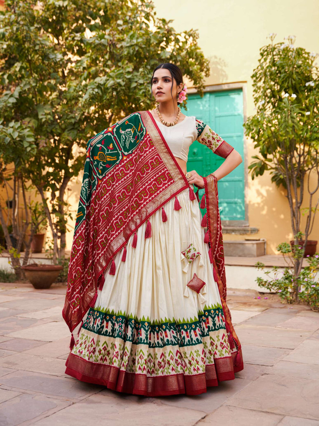 Peacock Green Printed Tussar Silk Lehenga Choli - PAHRAVA