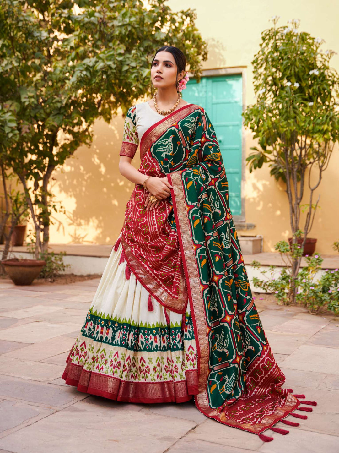 Peacock Green Printed Tussar Silk Lehenga Choli - PAHRAVA