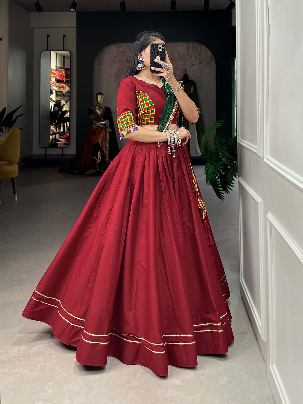 Ruby Red Cotton Garba Lehenga Choli - PAHRAVA