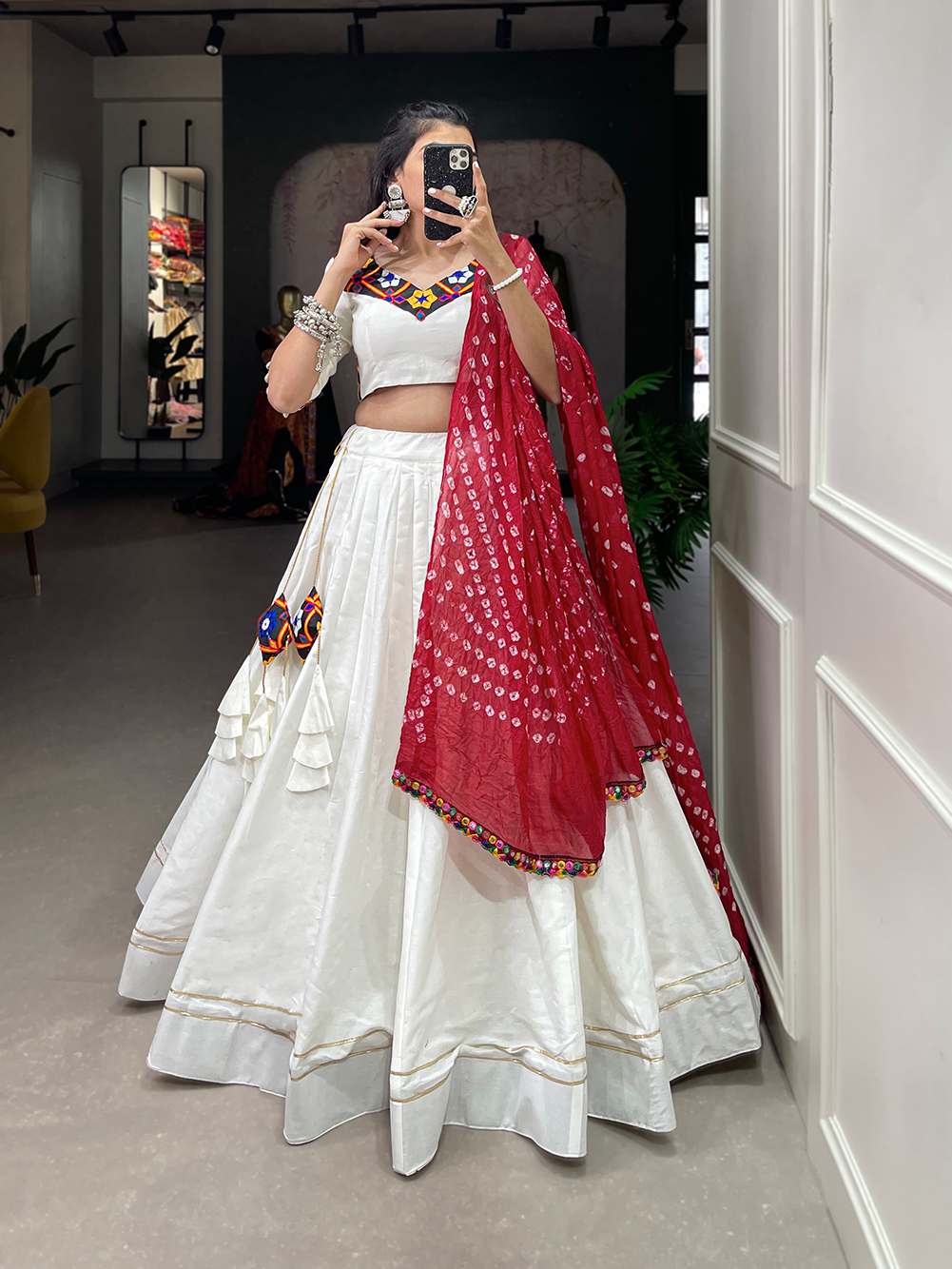 Pearl White Cotton Garba Lehenga Choli - PAHRAVA