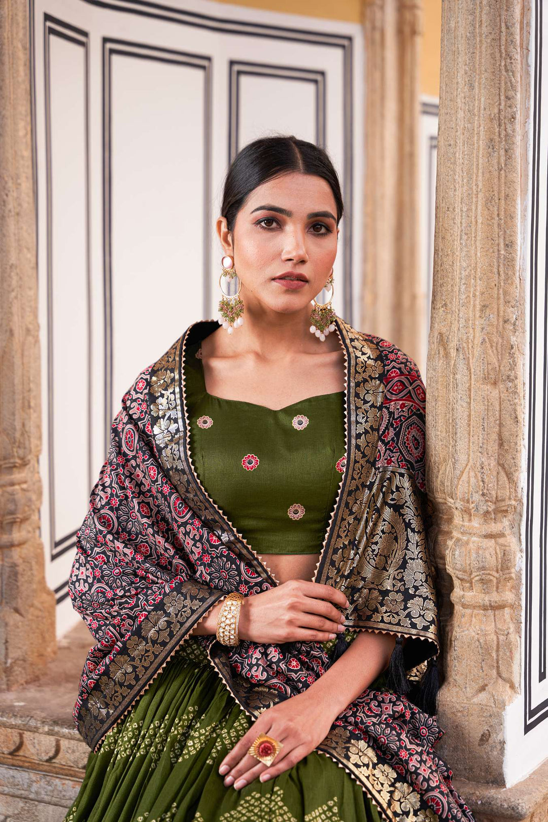 Mahendi Green Ajarakh Printed Tusser Silk Lehenga Choli - PAHRAVA