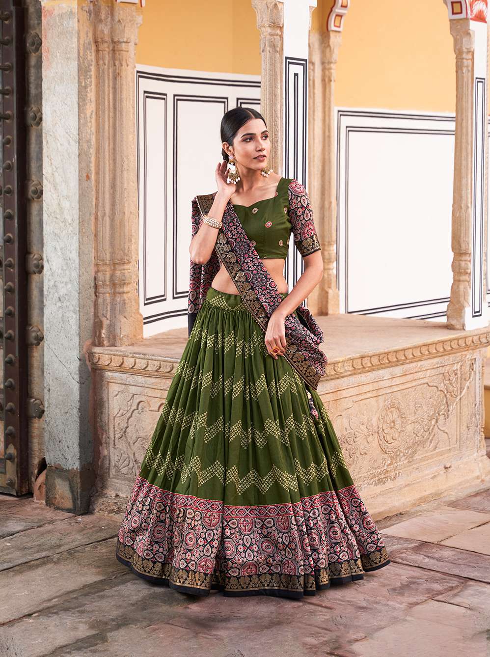 Mahendi Green Ajarakh Printed Tusser Silk Lehenga Choli - PAHRAVA