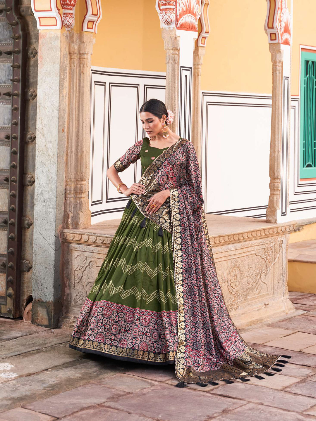 Mahendi Green Ajarakh Printed Tusser Silk Lehenga Choli - PAHRAVA