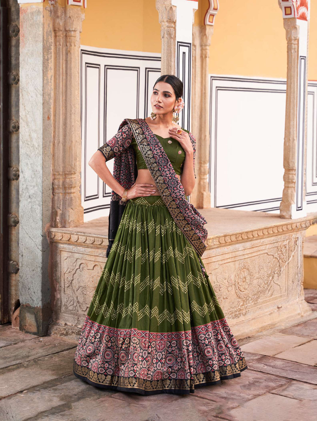 Mahendi Green Ajarakh Printed Tusser Silk Lehenga Choli - PAHRAVA