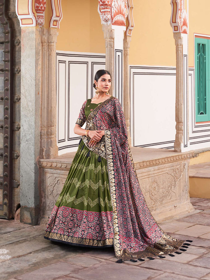 Mahendi Green Ajarakh Printed Tusser Silk Lehenga Choli - PAHRAVA