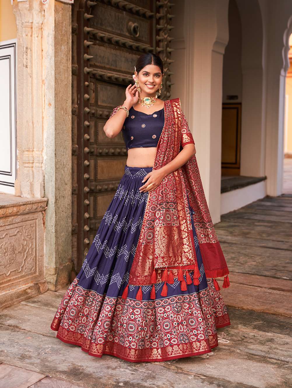 Navy Blue Ajarakh Printed Tusser Silk Lehenga Choli - PAHRAVA