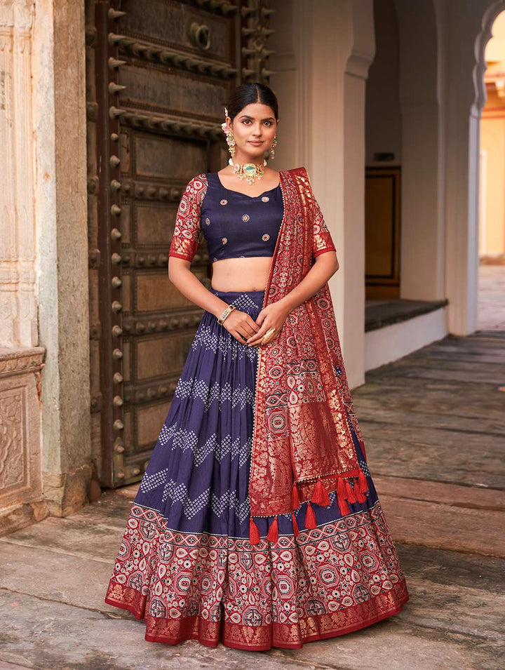 Navy Blue Ajarakh Printed Tusser Silk Lehenga Choli - PAHRAVA