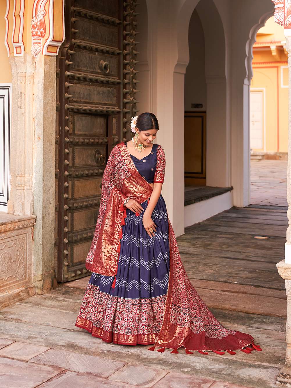 Navy Blue Ajarakh Printed Tusser Silk Lehenga Choli - PAHRAVA