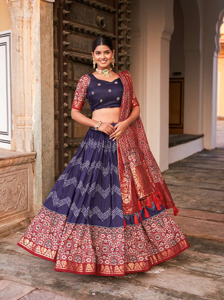 Navy Blue Ajarakh Printed Tusser Silk Lehenga Choli - PAHRAVA