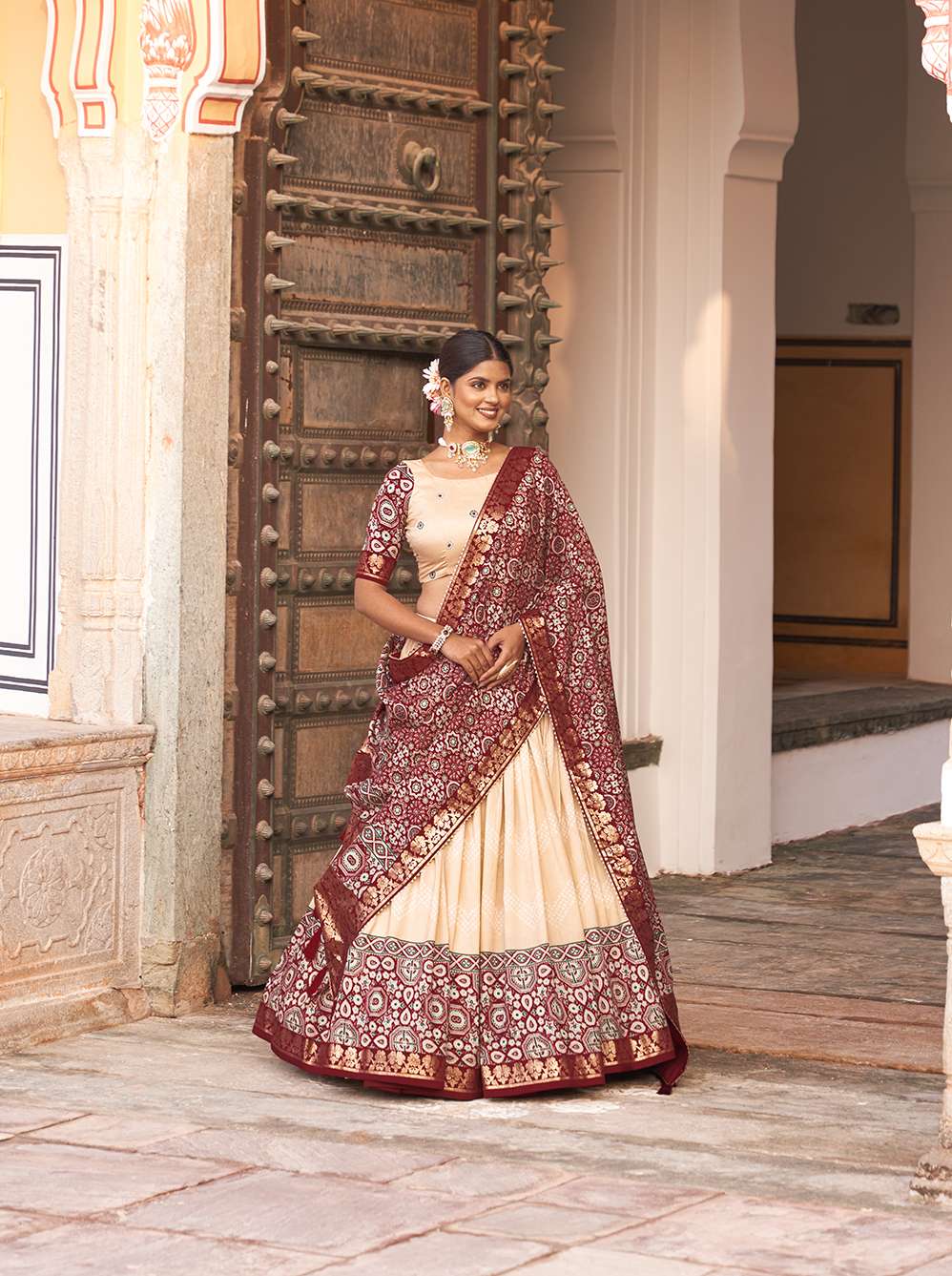 Off White Ajarakh Printed Tusser Silk Lehenga Choli - PAHRAVA