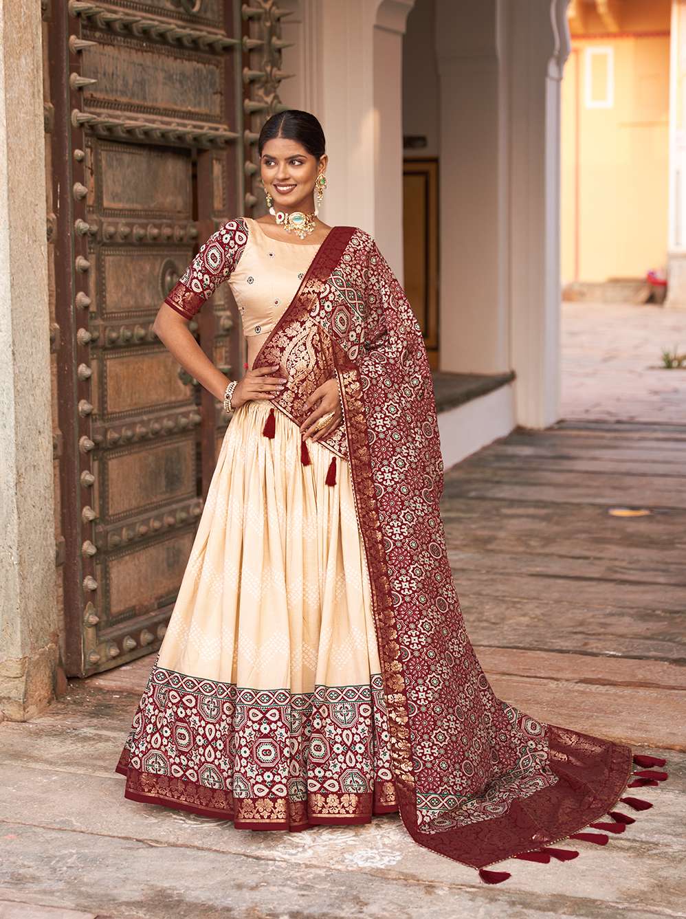 Off White Ajarakh Printed Tusser Silk Lehenga Choli - PAHRAVA