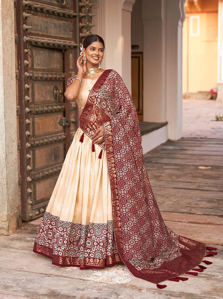 Off White Ajarakh Printed Tusser Silk Lehenga Choli - PAHRAVA