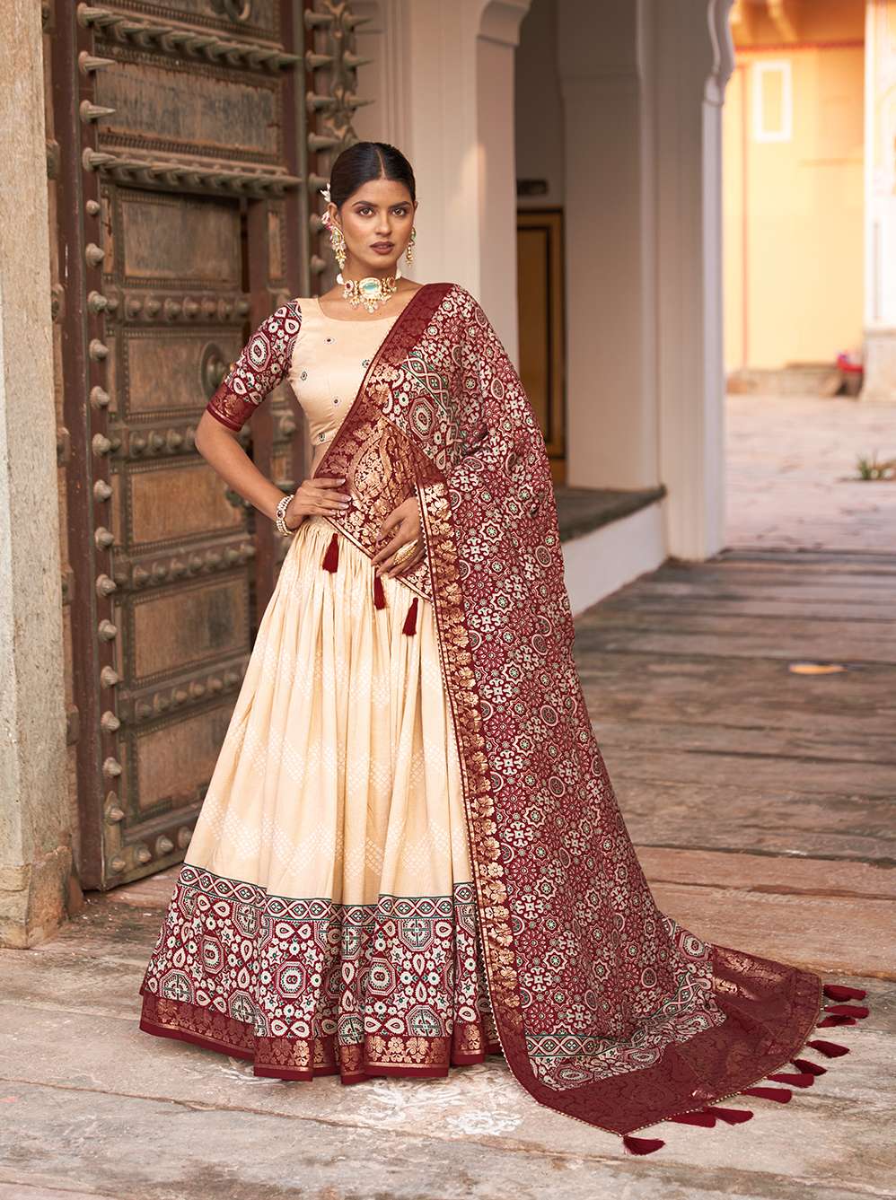 Off White Ajarakh Printed Tusser Silk Lehenga Choli - PAHRAVA